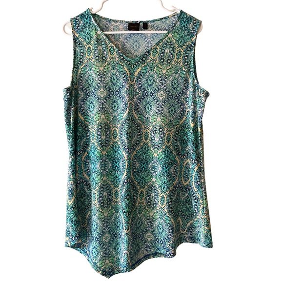 Raffaella Women’s Blue/Green Print Asymmetrical Tank Top - Picture 1 of 10